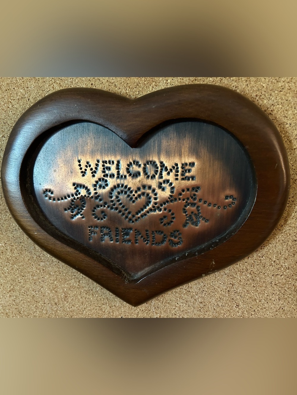 Welcome Friends Heart Plaque - Brown Wooden Home Accent